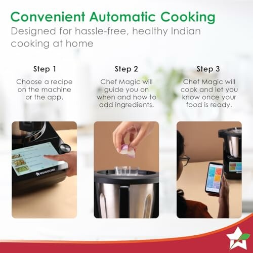 Steps for using an automatic cooking appliance with images of a recipe selection, adding ingredients, and cooking completion.