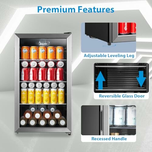 Beverage cooler with cans and bottles, highlighting adjustable leveling leg, reversible glass door, and recessed handle.