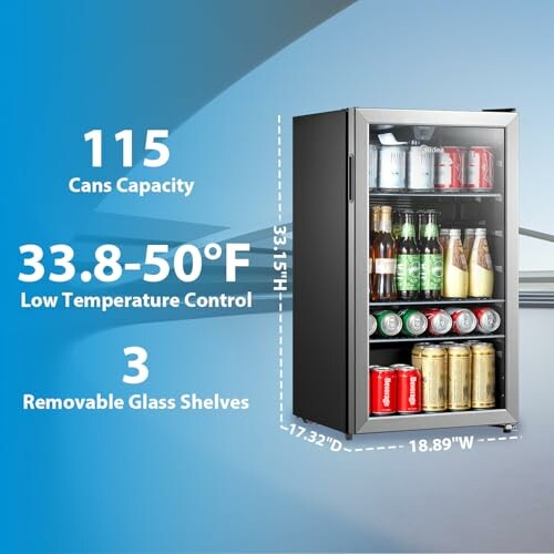 Beverage fridge showing 115 cans capacity, temperature control, and glass shelves.