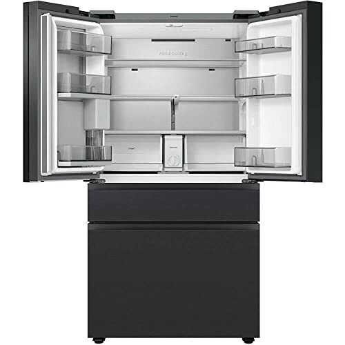 Open black French door refrigerator with empty shelves.