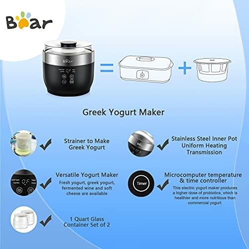 Boar Greek yogurt maker with strainer, stainless steel inner pot, and microcomputer timer.