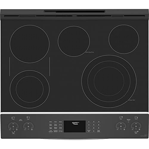 Top view of an electric stovetop with five burners and control panel.