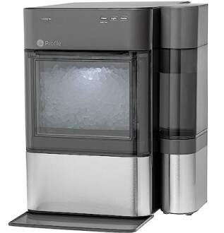 GE Profile countertop ice maker with visible ice compartment