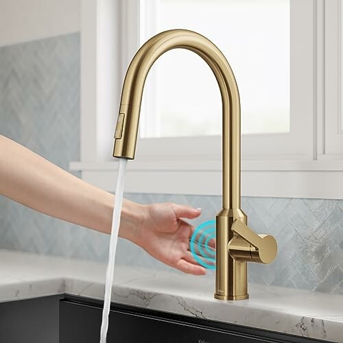 Touchless gold kitchen faucet with running water