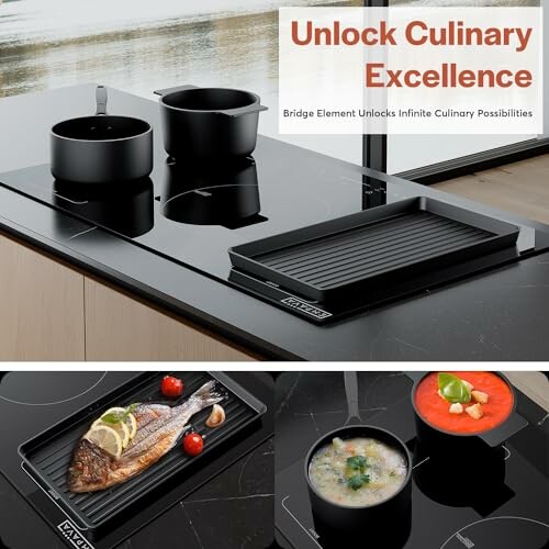 Modern kitchen induction cooktop with pots and grill.