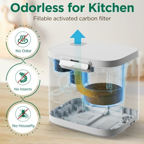 Odorless kitchen activated carbon filter with features against odor, insects, and houseflies.