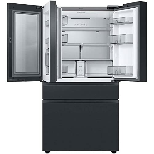 Open black refrigerator with empty shelves and compartments.