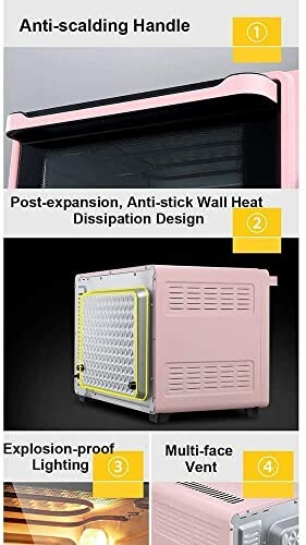 Pink oven with anti-scalding handle, anti-stick wall heat dissipation, explosion-proof lighting, and multi-face vent features.