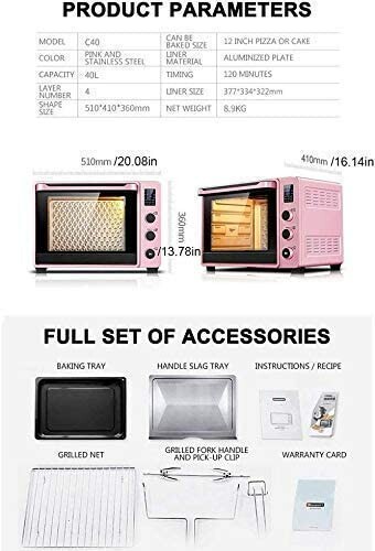 Pink oven with accessories including baking tray and recipe booklet.