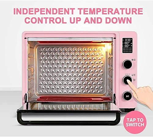 Pink toaster oven with independent temperature control and digital display.