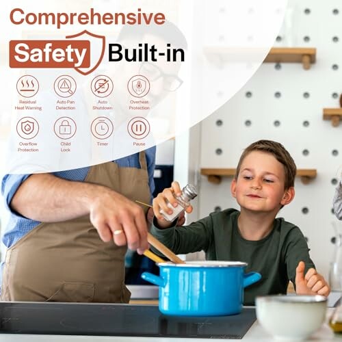 Child cooking with adult supervision, safety features highlighted.