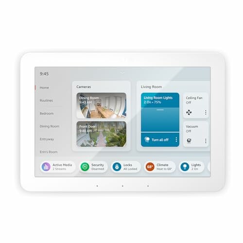 Smart home control panel interface with security and lighting options.