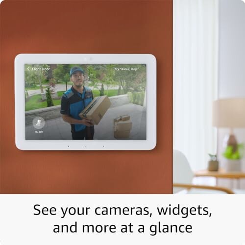 Smart home display showing a delivery person on screen.