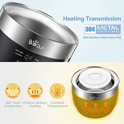 Stainless steel inner pot with heating features and metal durability.