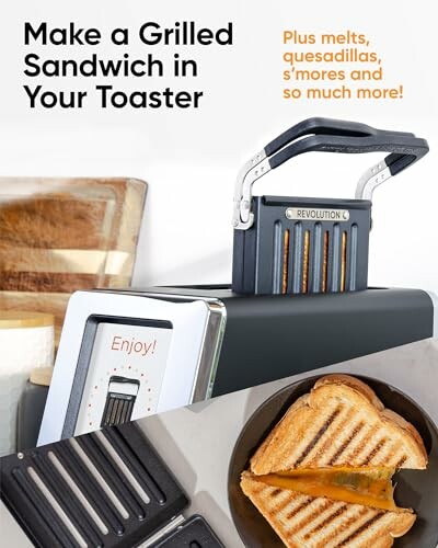 Toaster with grilled sandwich and text about making sandwiches, melts, and more.