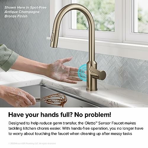 Touchless kitchen faucet with hands-free operation.