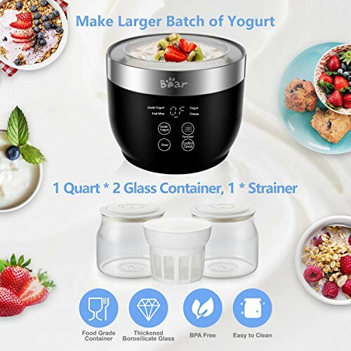 Yogurt maker with glass containers and strainer.